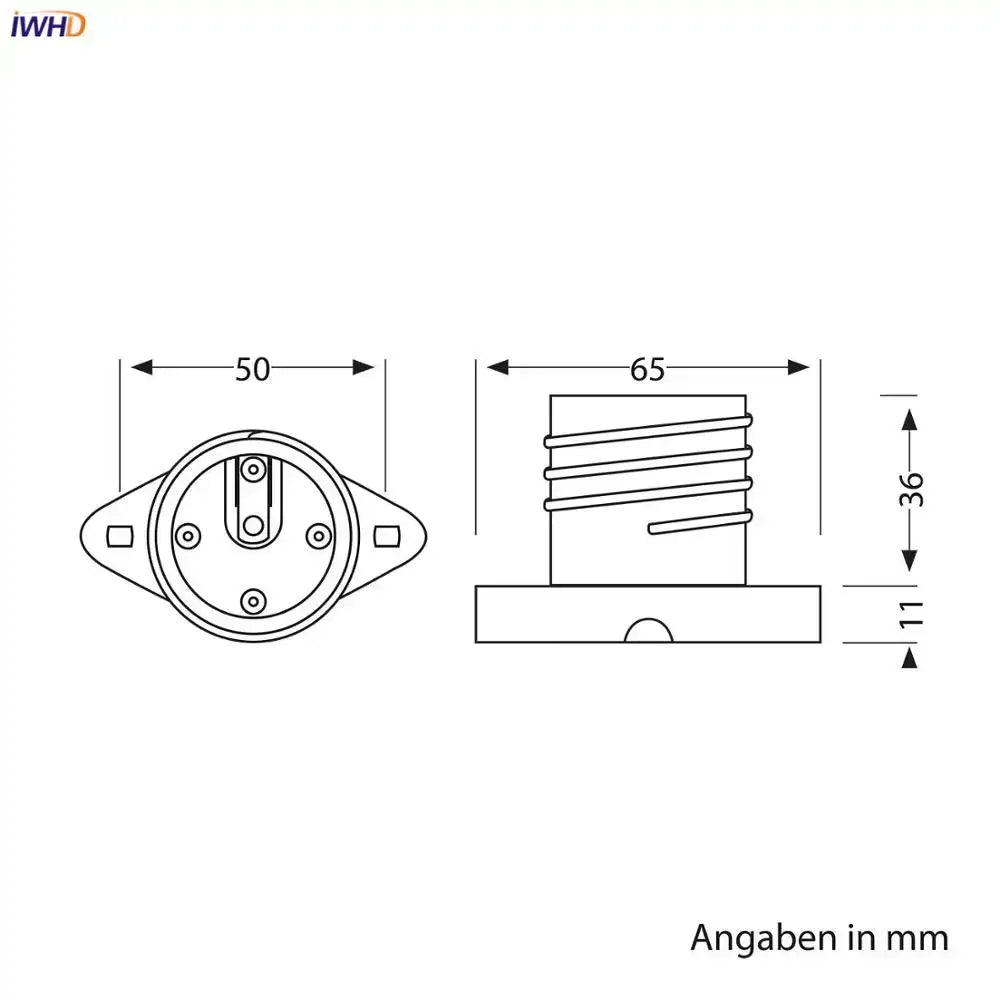 Technical drawing of a glossy black and brass decorbites ceramic e27 bulb holder with millimeter dimensions for bedroom lamp fitting