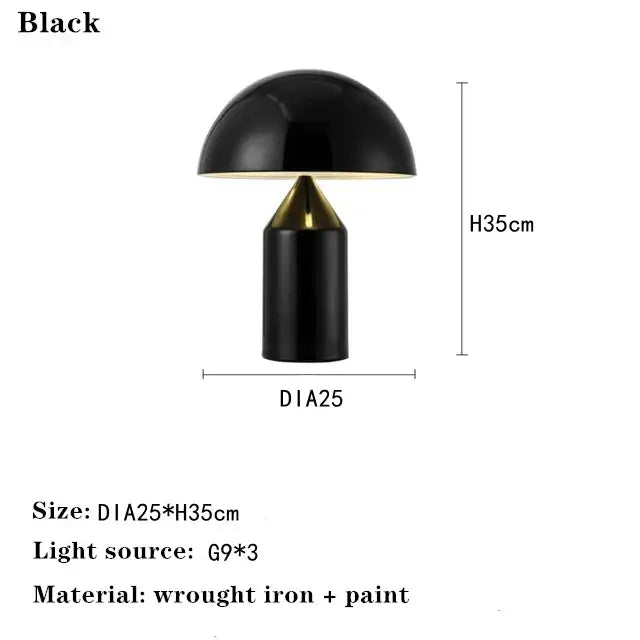 Glossy black and gold metal mushroom table lamp with wrought iron base for decorbites atollo bedroom table use