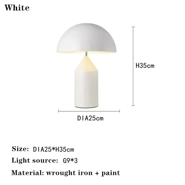 White mushroom-shaped table lamp with glossy black and gold wrought iron design for decorbites atollo bedroom
