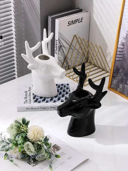 Glossy black and white deer head ceramic vases with antlers for living room decorbites deer head ceramic decor