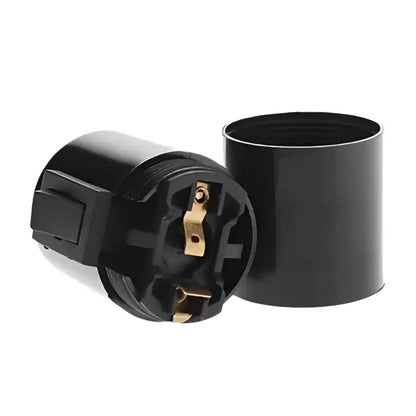 Glossy black e27 socket lamp holder with toggle switch featuring black plastic lamp holder and gold metal contacts for bedroom light