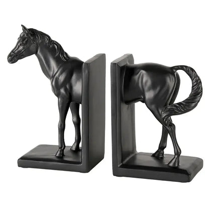 Glossy black horse stallion resin bookends with detailed sculpting for decorbites dark horse living room decor