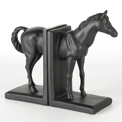 Glossy black horse stallion resin bookends with detailed sculpting perfect for decorbites dark horse living room decor
