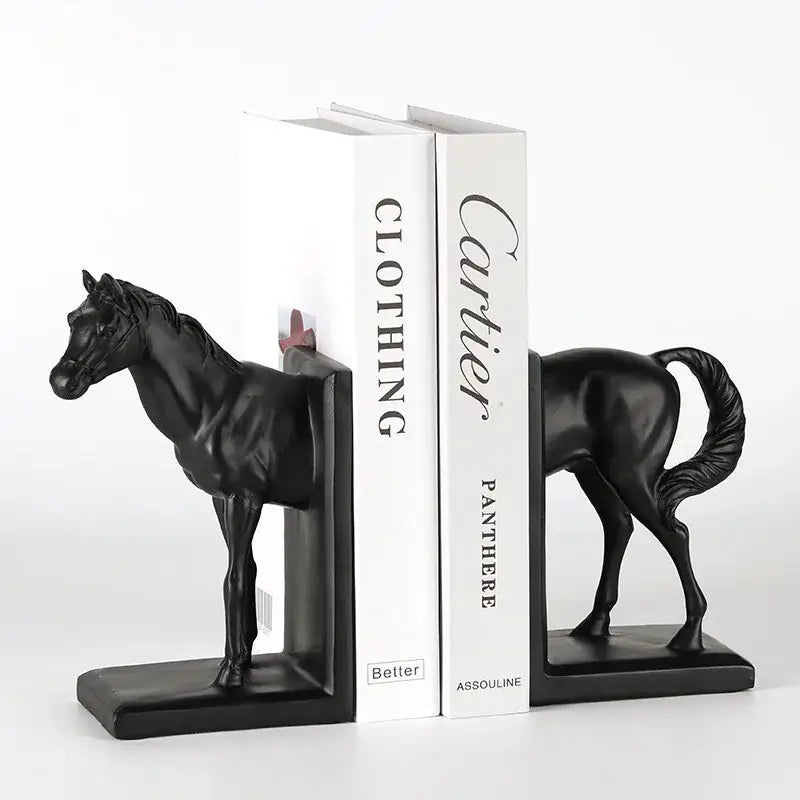 Glossy black horse stallion resin bookends with detailed sculpting for living room decorbites dark horse decor