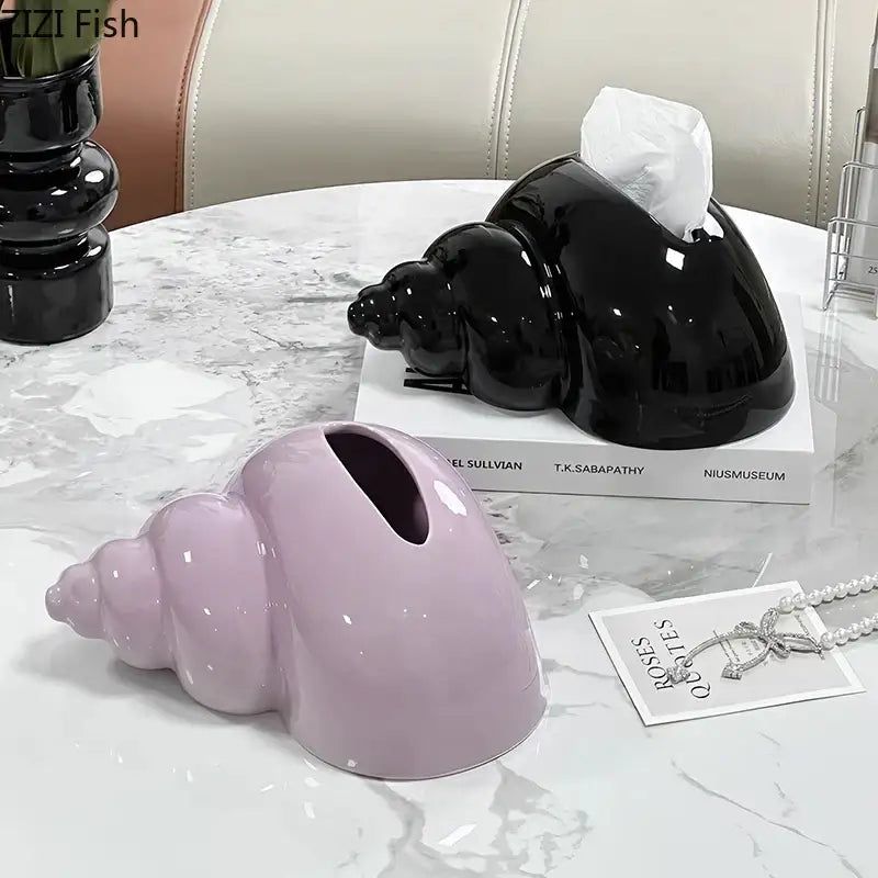 Glossy black and matte lavender conch ceramic tissue boxes by decorbites for stylish living room decor