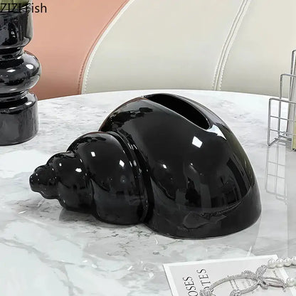 Glossy black shiny ceramic seashell vase complementing decorbites conch ceramic tissue box for living room decor