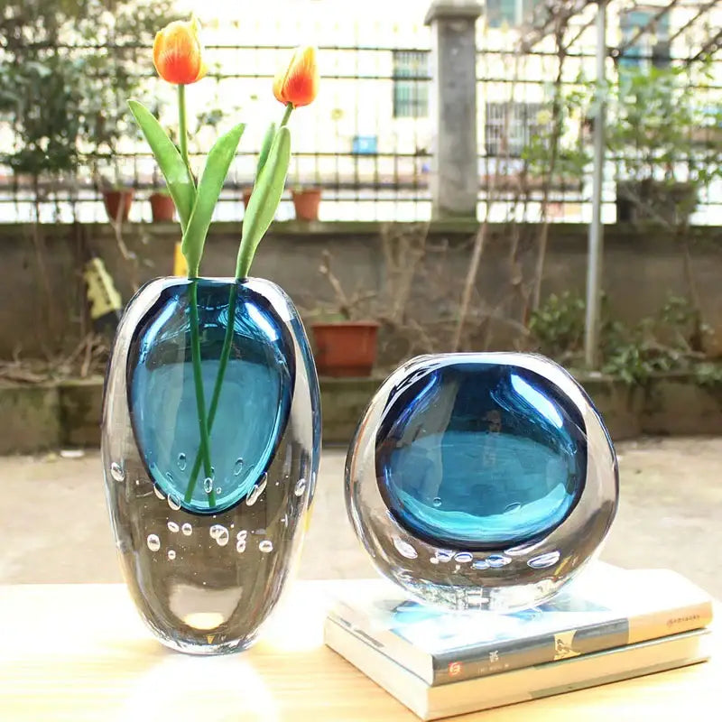 Two translucent blue glossy bubble decorbites crystal glass vases ideal as flower pots or living room decorbites crystal glass vase