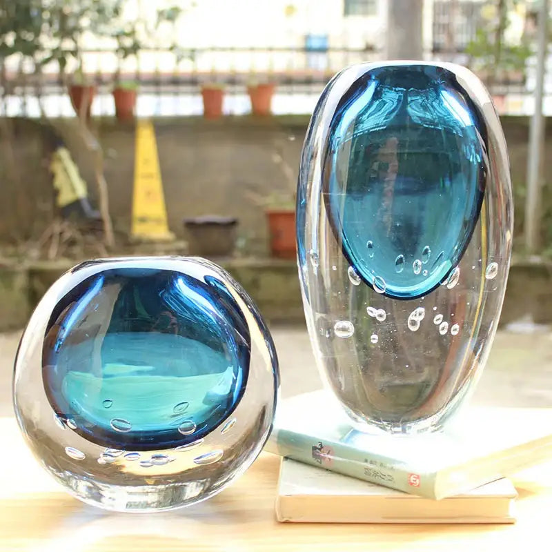 Two translucent decorbites crystal glass vases with vibrant blue bubble interiors for elegant living room flower pot decor