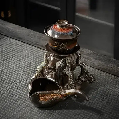 A dark ceramic dragon teapot with glossy earth tones and metallic accents featuring magnetic rotating tea function