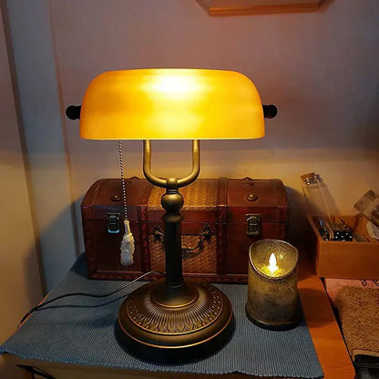 Vintage-style brass glass banker lamp with warm amber and green lamp cover for office desk decorbites glass banker