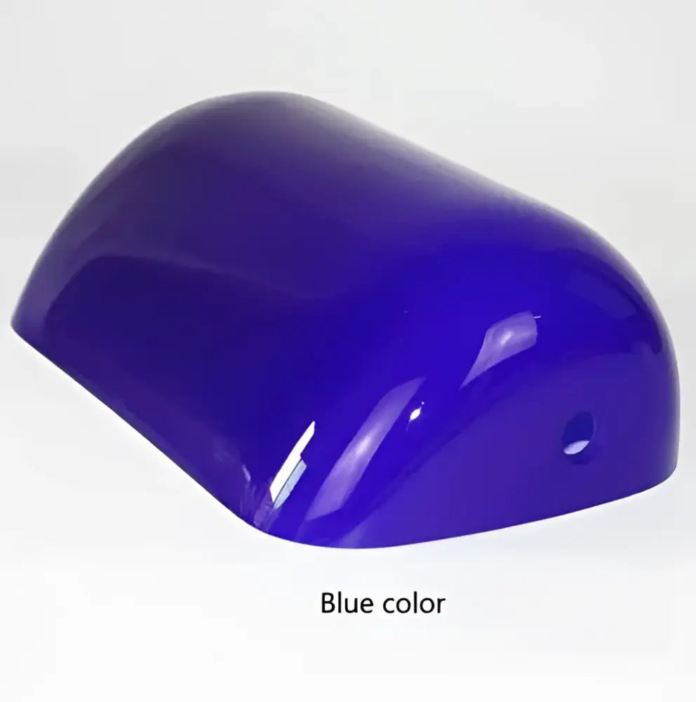 Glossy blue plastic lamp cover with smooth curved design and hole, suitable for decorbites glass banker lamp use