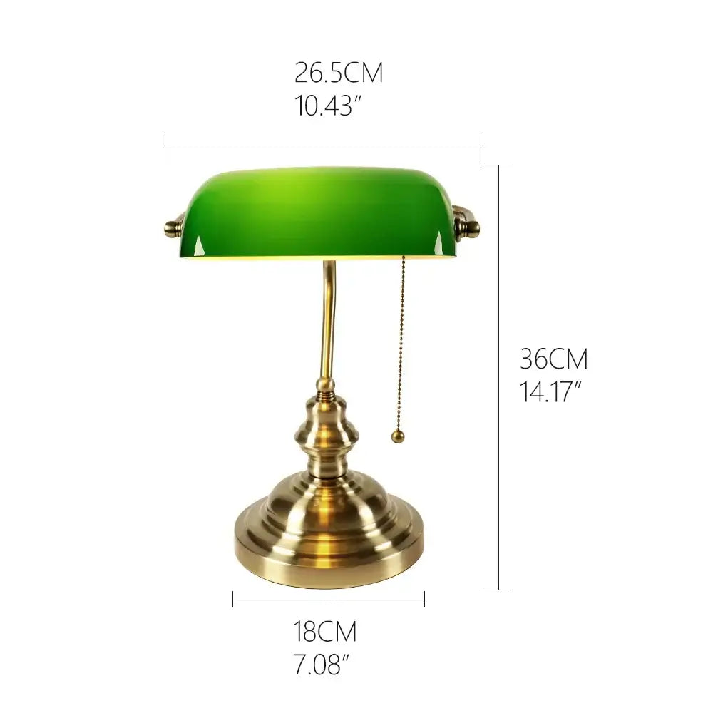 Green glass banker lamp cover with brass base and pull-chain switch by decorbites for office desk decor