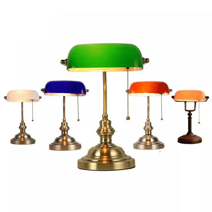 Green glass domed decorbites glass banker lamp with brass base and chain pull switch lamp cover for office desk shade