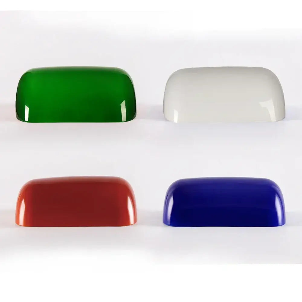 Four glossy glass banker lamp covers in green white red and blue by decorbites for office desk decor