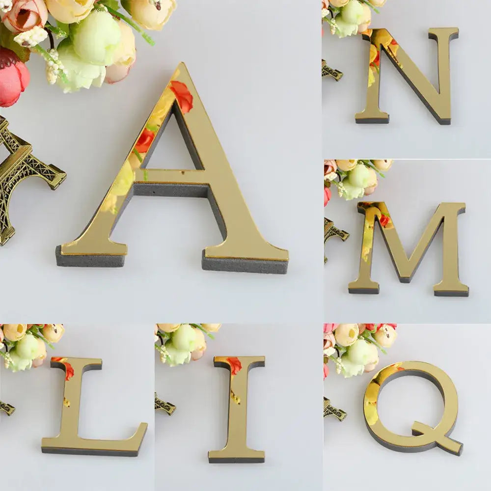 Glossy gold decorbites 3d mirror alphabet letters with dark gray base for living room wall decor