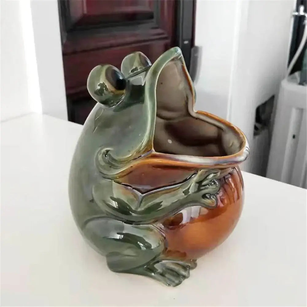 Glossy green and orange decorbites ceramic animal frog planter with open mouth ceramic animal storage for kitchen