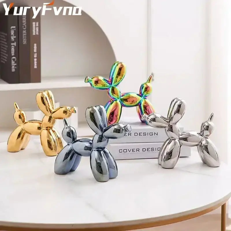 Glossy iridescent silver and gold 22cm balloon dog ceramic figurines for living room decor in metallic finishes