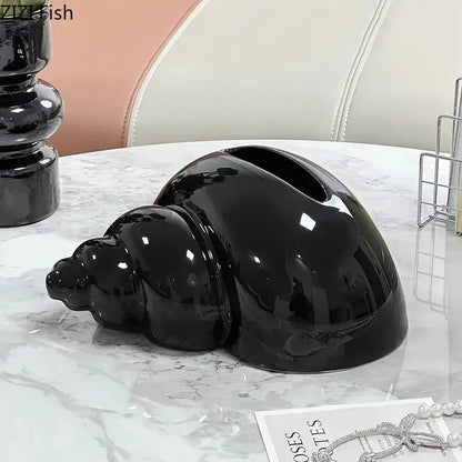 Black glossy ceramic conch tissue box holder for living room decor by Decorbites conch ceramic tissue design