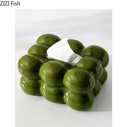 Glossy lime green bubble ceramic tissue box with olive green finish and clustered design for dining table decor