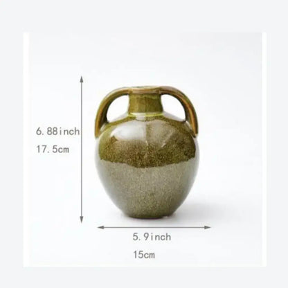 Glossy olive green ceramic vases teapot with two handles and speckled glaze finish for decorbites ceramic vases flower decor