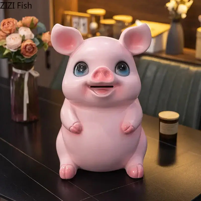 Glossy pink ceramic piggy bank with blue eyes and smiling face decorative savings jar by decorbites cartoon pig