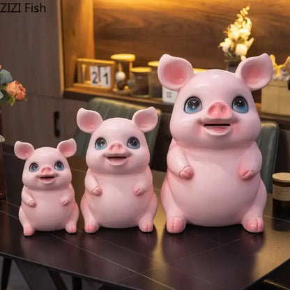 Glossy pink ceramic piggy bank savings jar set with smiling decorbites cartoon pig design in three sizes for bedroom decor