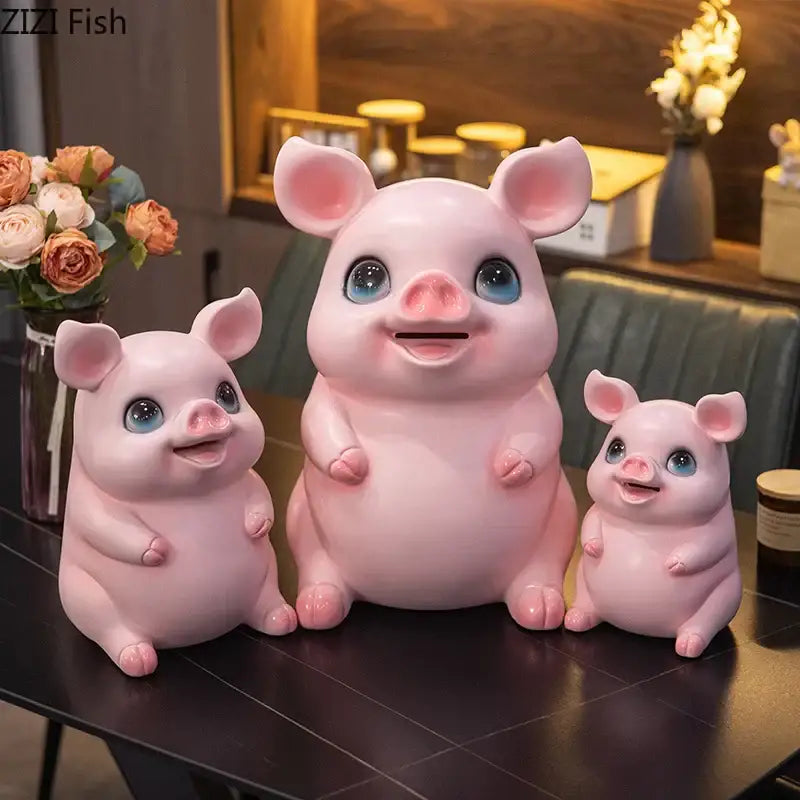 Glossy pink ceramic piggy bank savings jar with blue eyes featuring decorbites cartoon pig design for bedroom decor