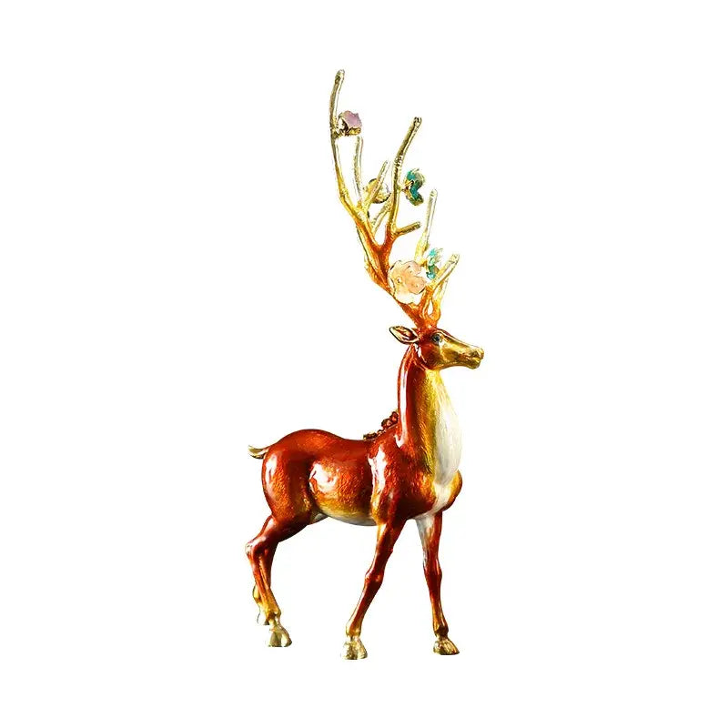Glossy reddish brown and white deer figurine with golden antlers and gemstones for peace porch decoration set