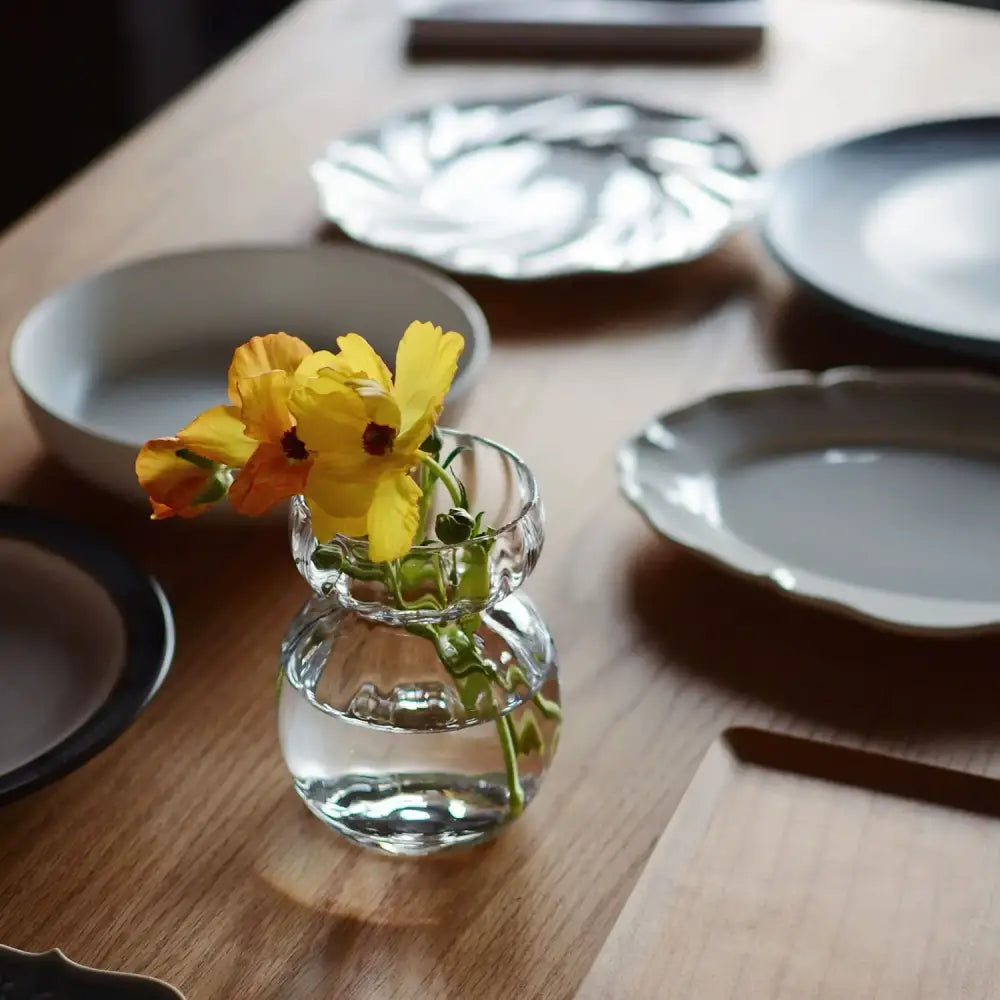 A clear glass vase with a rounded bulbous base and slender neck holds yellow flowers as decorbites geometric square vase