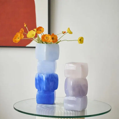 Glossy translucent stacked-block geometric square vase in gradient blue hues for decorbites square vase table decor