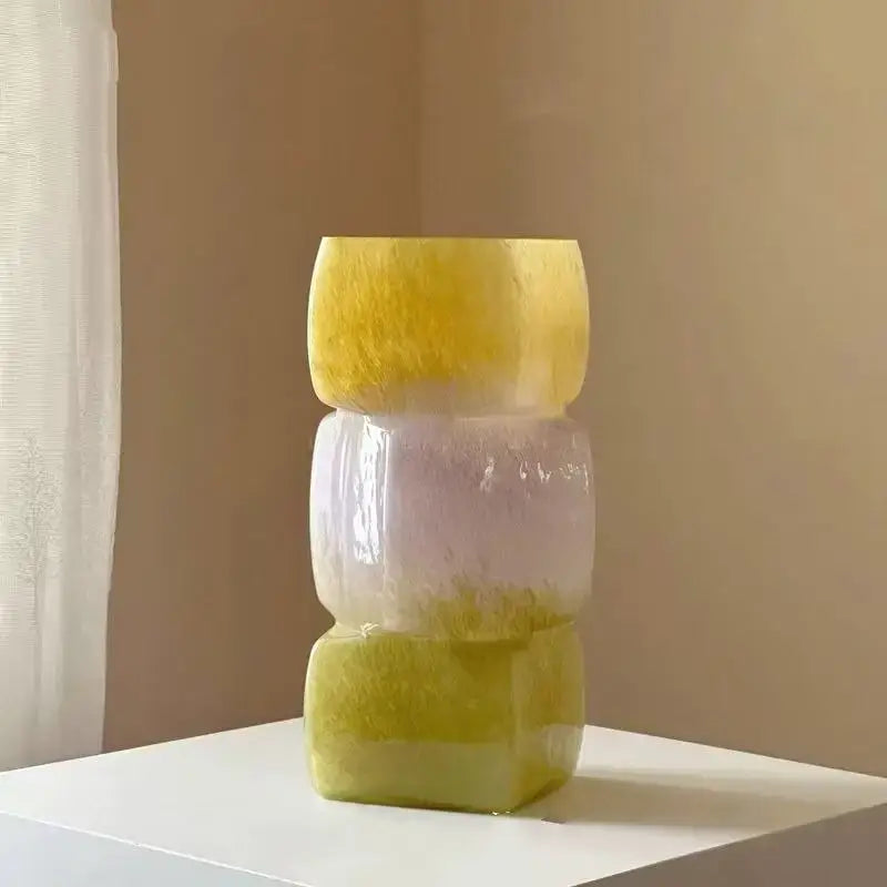 Glossy white geometric square vase with stacked three-tiered translucent glass segments in yellow and pale lavender for decorbites geometric square decor