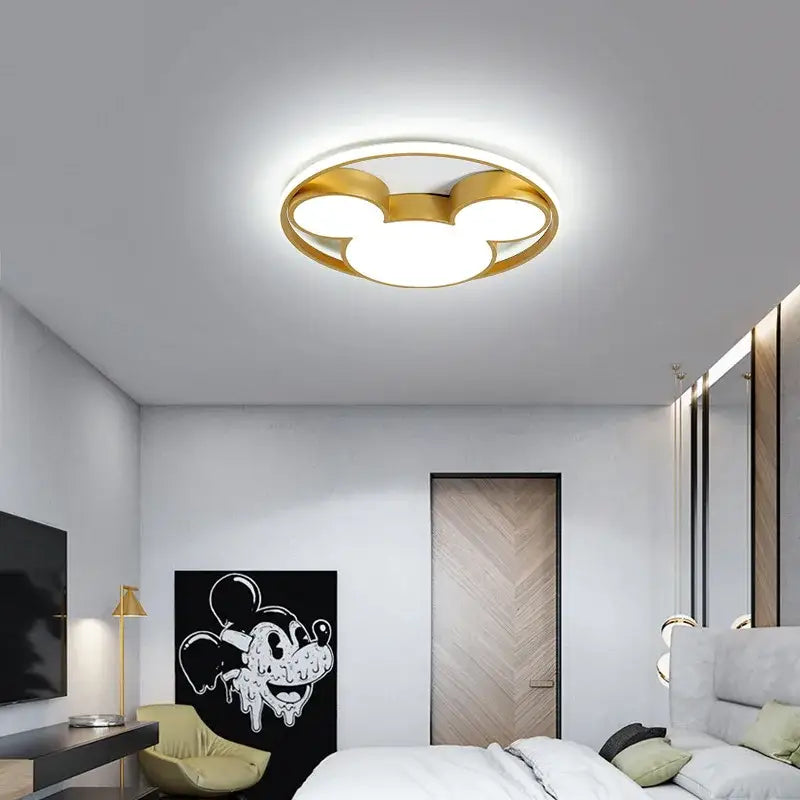 Gold 34w led mickey mouse ceiling light fixture with three circular illuminated panels for children bedroom