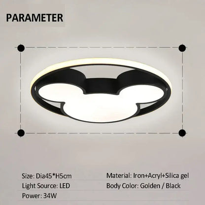Black and golden led mickey mouse ceiling light 34w led mickey with modern minimalist design for children’s bedroom
