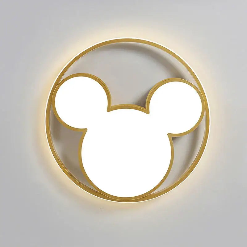 Gold framed 34w led mickey mouse ceiling light shaped like mickey heads for children’s bedroom lighting