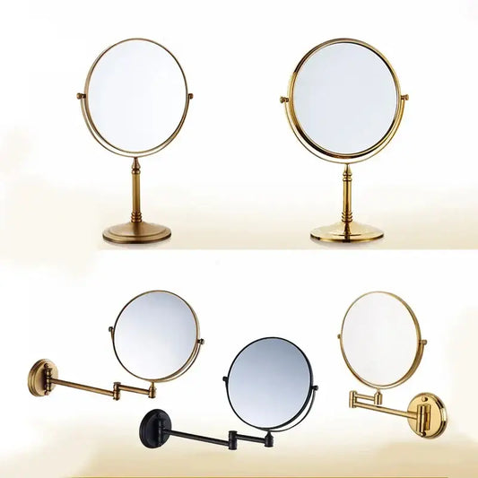 Gold and black adjustable wall mounted vanity mirrors with circular glass faces for cosmetic use by decorbites adjustable wall