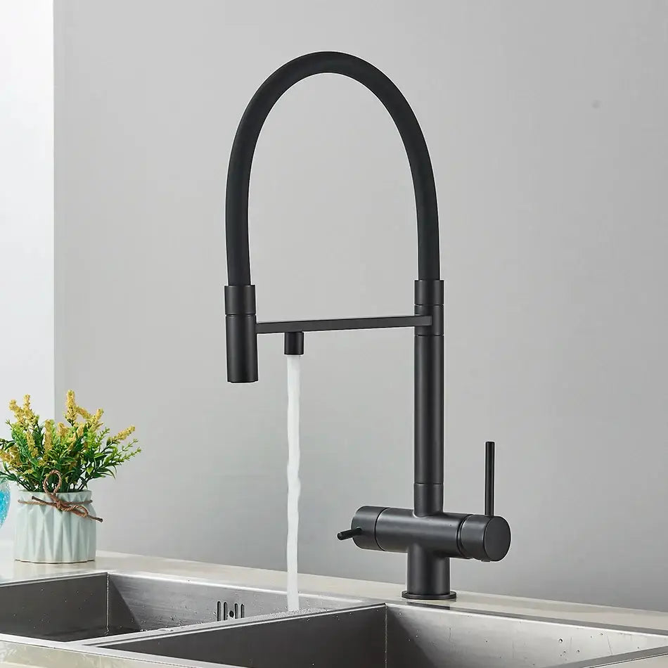 Black matte finish dual spout water purification mixer tap with curved pull-down design for kitchen use