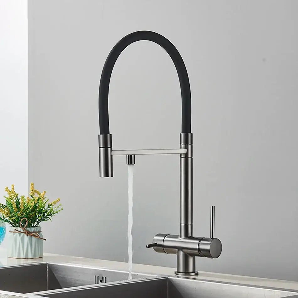 Modern black and brushed stainless steel dual spout water purification mixer tap with flexible gooseneck spout