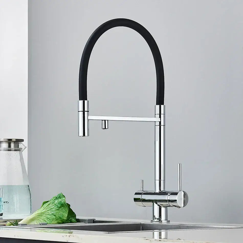 Modern chrome and black water purification mixer tap with dual spout and flexible rubber hose for kitchen use