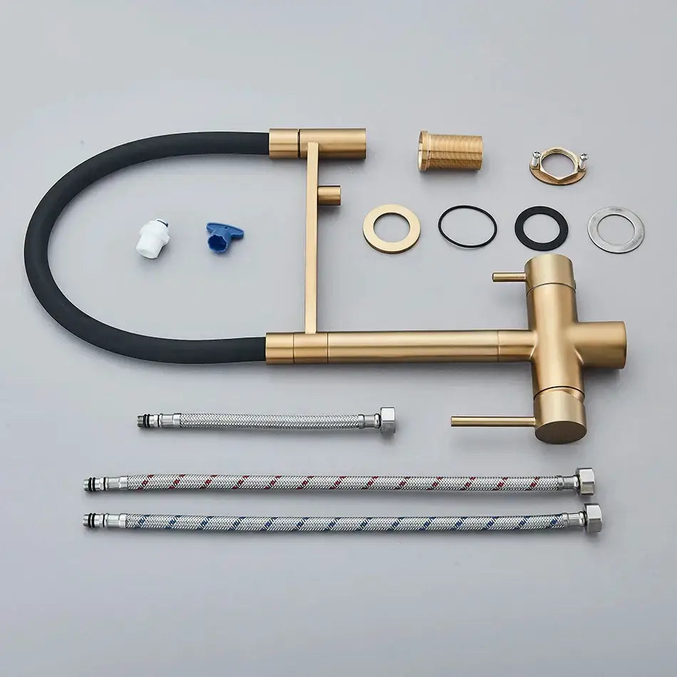 Modern gold and black dual spout water purification mixer tap with a sleek minimalist design and flexible hose