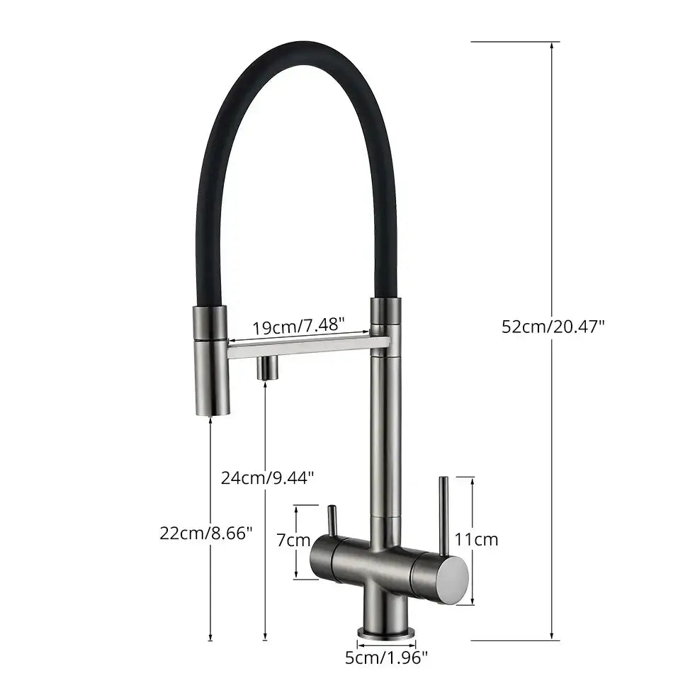 Modern brushed stainless steel dual spout water purification mixer tap with flexible black rubber hose and pull-down spray head