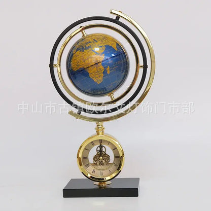 Gold and blue clock globe decoration with ornate brass frame and marble base for living room globe decoration decorbites clock globe
