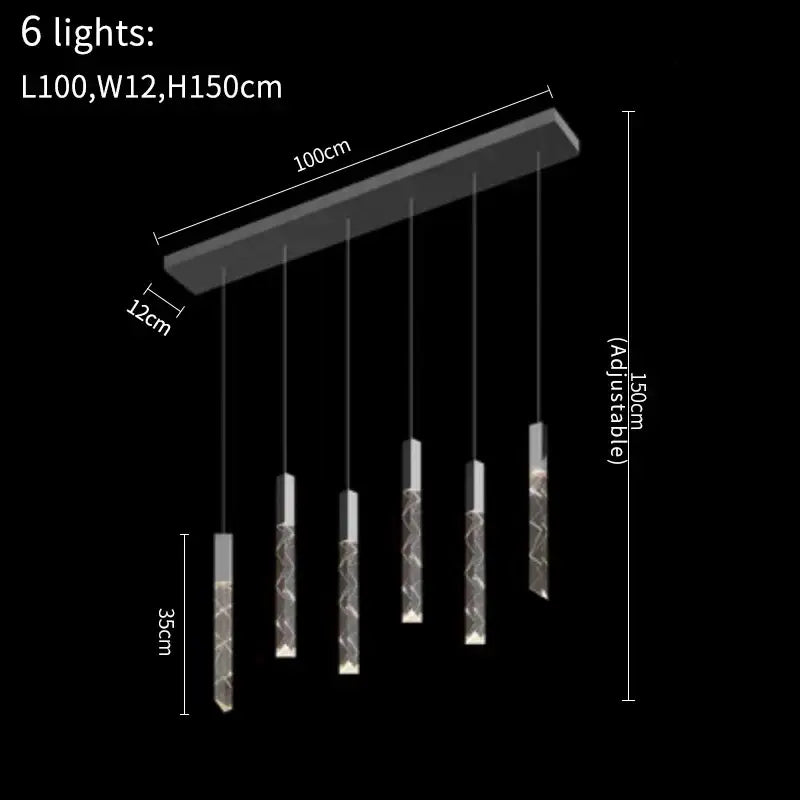 Modern black rectangular decorbites crystal led chandelier with six adjustable glass cylinders and metallic accents for living room lighting