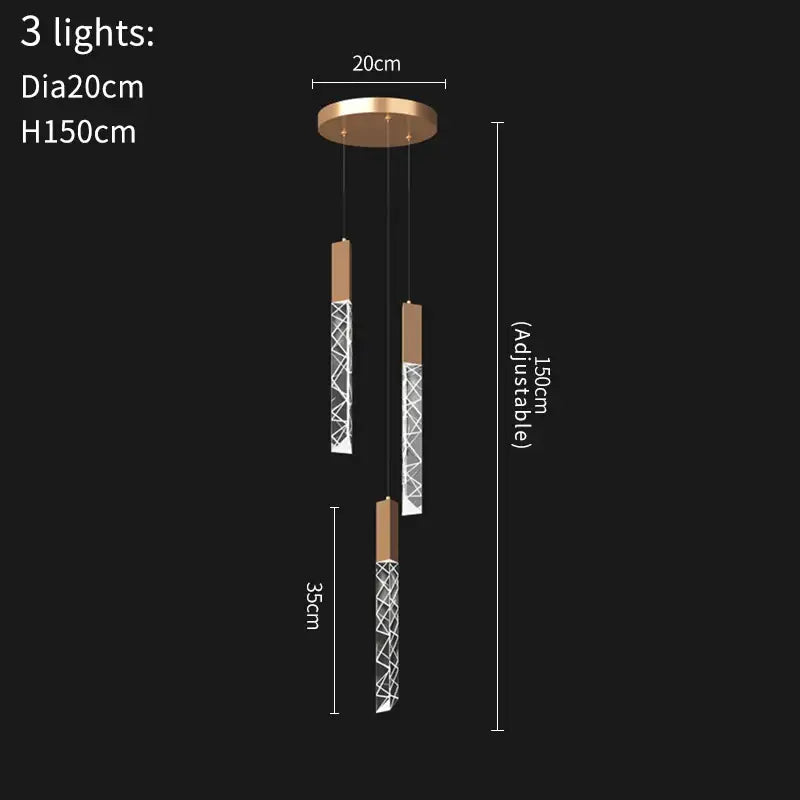 Modern copper-toned decorbites crystal led chandelier with three adjustable geometric glass rods for living room staircase decor