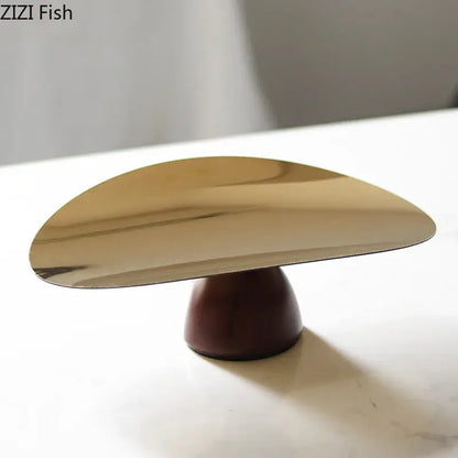 Gold and dark wood cake stand fruit bowl tray set with gold-toned curved metal and dark brown wooden base