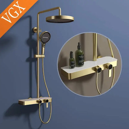 Gold and marble bathroom shower set with gold-finished shower set, round rainfall head, handheld spray, and integrated shelf
