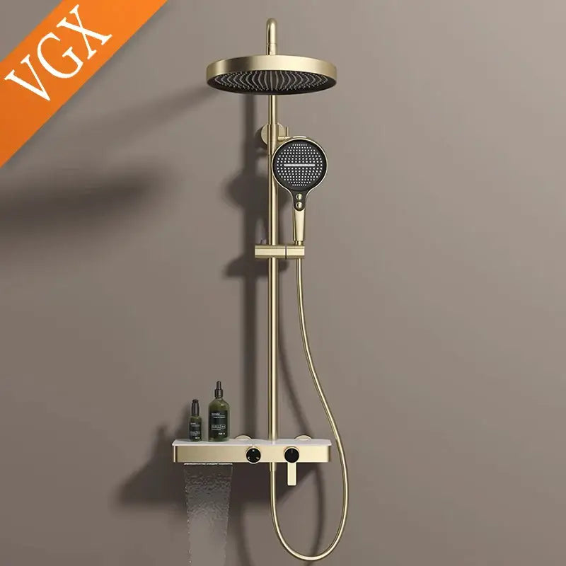 Gold and marble bathroom shower set with gold-finished shower system rainfall head handheld spray and integrated shelf