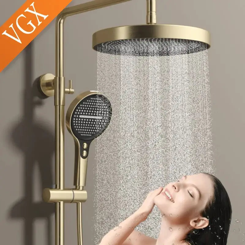 Gold and marble bathroom shower set with gold-finished rainfall head handheld shower and modern shelf design