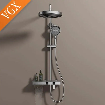 Modern chrome-finished bathroom shower set with round rainhead handheld spray head gold and marble details