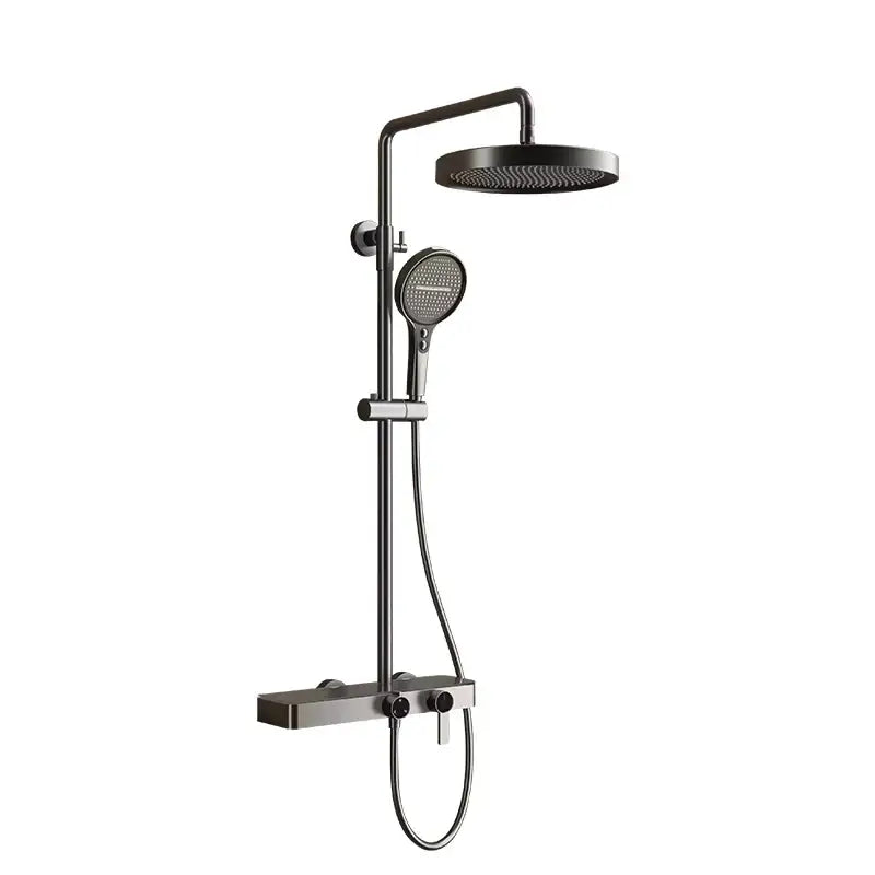 Modern matte black bathroom shower set with round rainhead handheld spray nozzle gold and marble shelf design