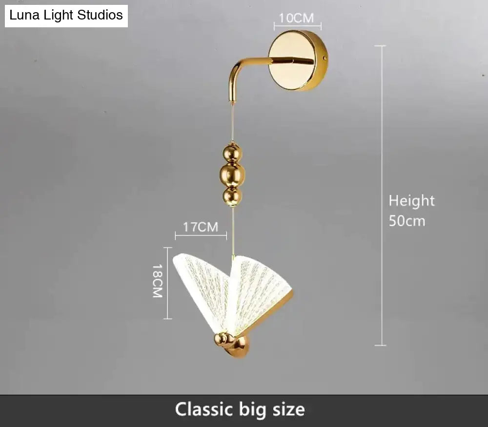 Gold finished wall light with fan shaped translucent glass shade and three beads on chain for nordic butterfly led bedroom use